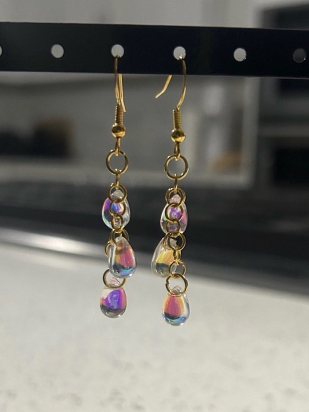 Handmade gold dangly iridescent earrings